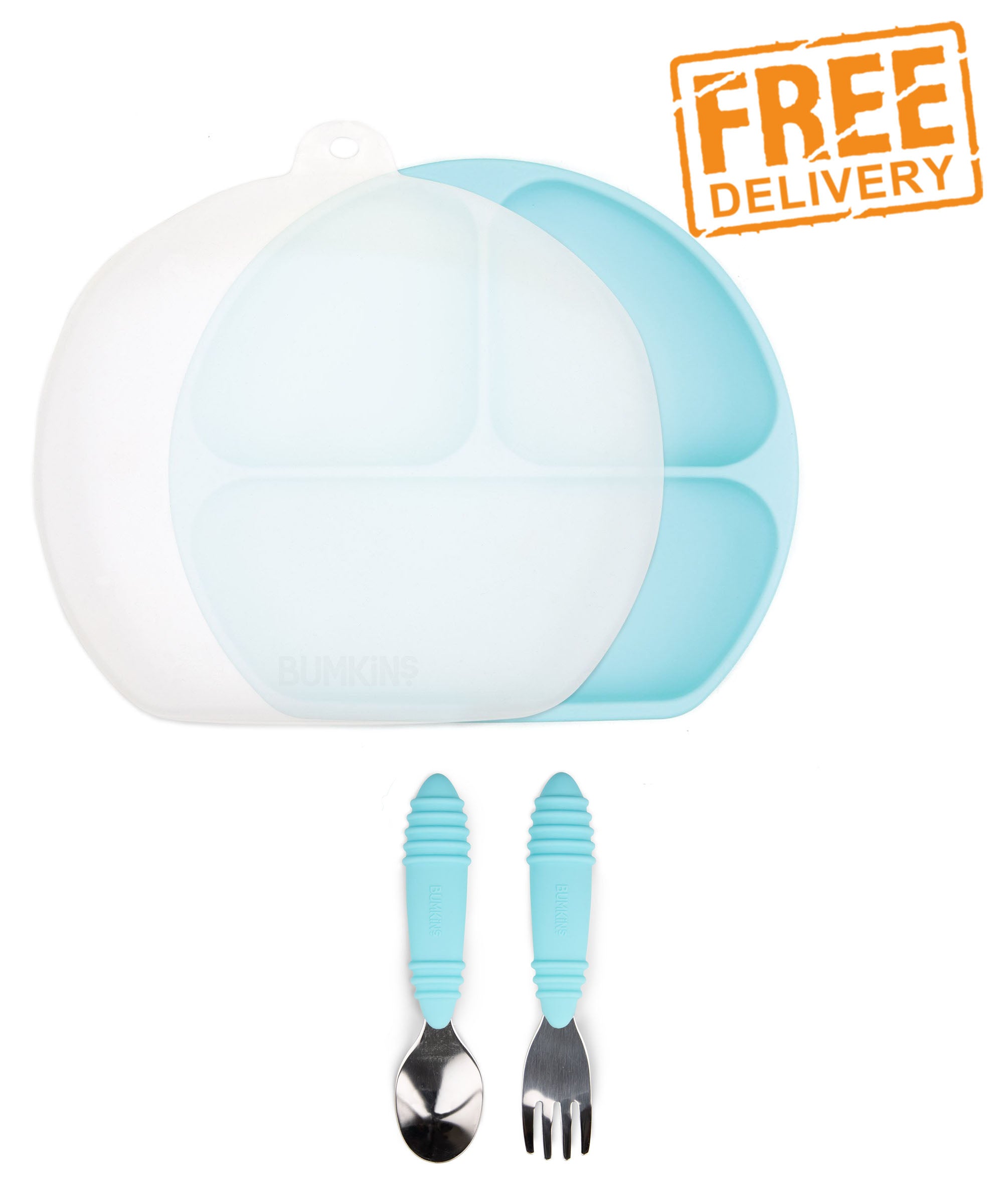 Bumkins Silicone Grip Dish  with Lid + Spoon and Folk Set - Various Colours